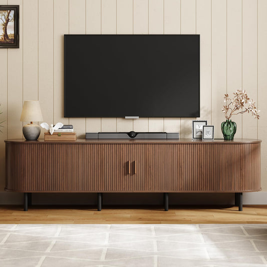 ONBRILL 86.6" TV Stand with Power Outlet for TVs up to 90 Inch, Entertainment Center with Storage and Adjustable Shelves, Modern Media Console with Sliding Doors for Living Room, Walnut