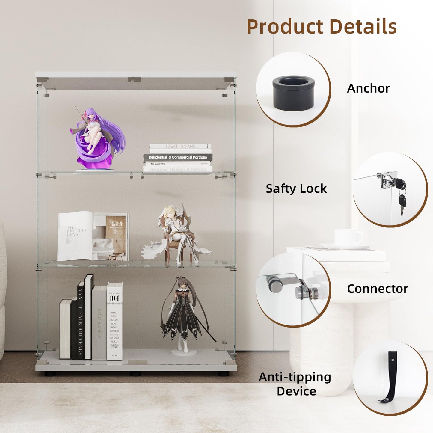 GDJAASJI Display Cabinet with Glass Door and Lock, 3-Shelf Fast Installation Curio Cabinets with 5mm Tempered Glass Floor Standing Bookshelf for Bedroom, Living Room (49" Hx 32" W x 14.3" D, White)