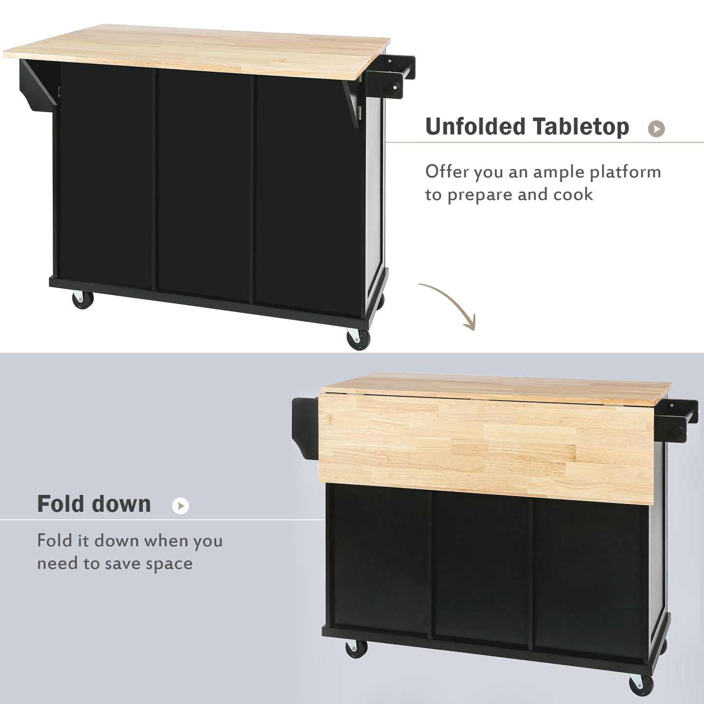 Merax Rolling Mobile Kitchen Island Cart Breakfast Bar with Wood Top, Door Internal Storage Racks, 3 Drawers and 5 Wheels for Dining Room