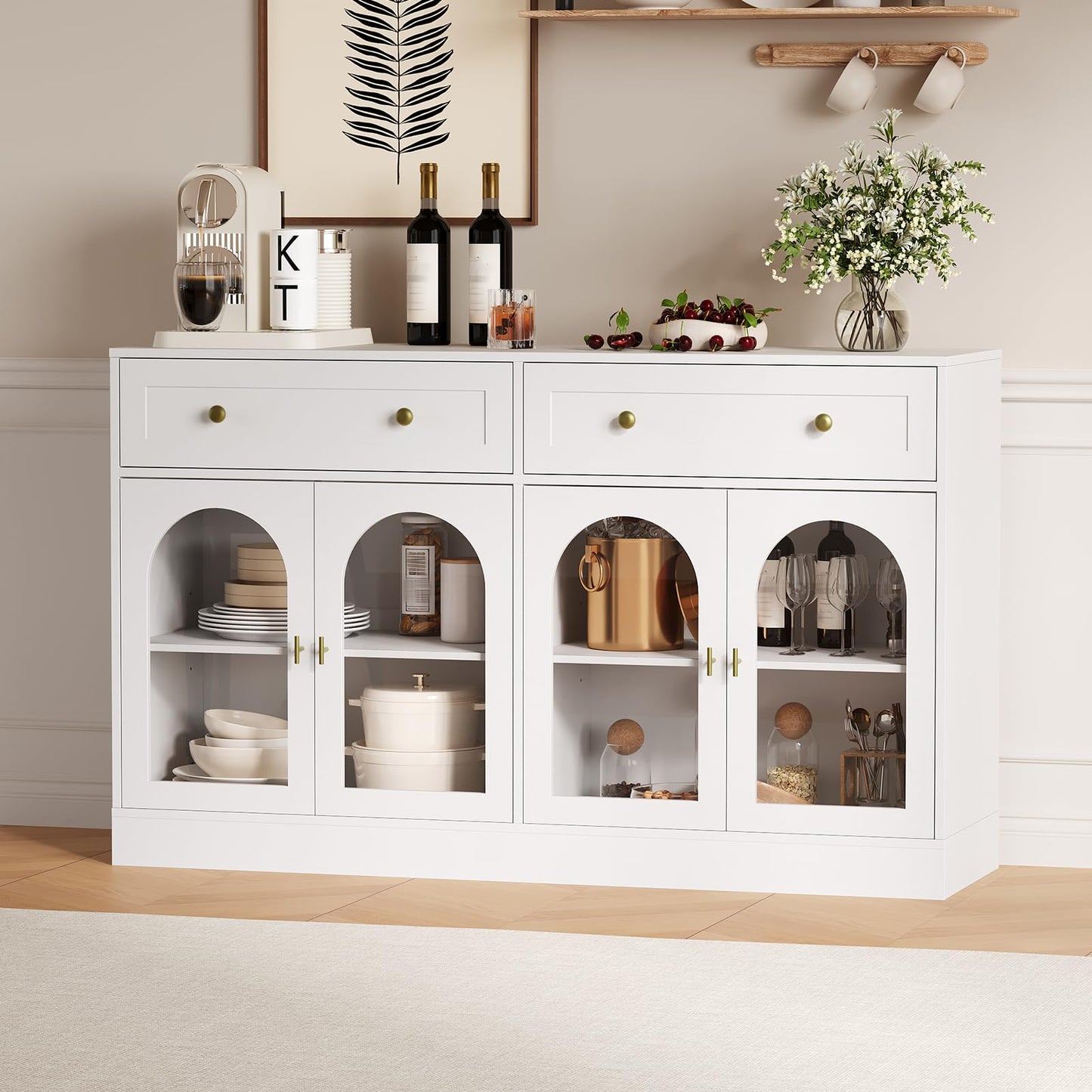 GAOMON 55in Buffet Cabinet with Storage, Farmhouse Sideboard Buffet Cabinet Large Console Coffee Bar Table with 2 Drawers and 4 Acrylic Doors for Kitchen Dining Room Living Room,White
