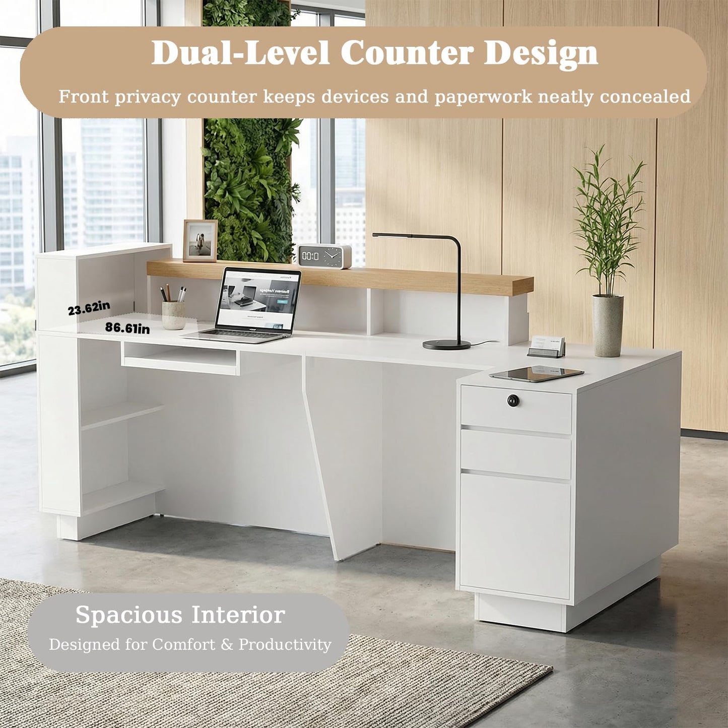 Laxodor 86.6" L-Shaped Reception Desk with LED Lights, Slatted Grille & Built-in Outlets, White Front Counter with Dimmable Switch for Salon, Retail & Office