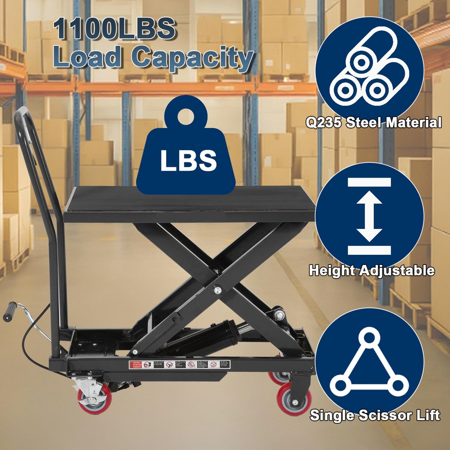 Hydraulic Lift Table Cart, 1100 LB Capacity, 10-32 in Lifting Range, Manual Single Scissor Lifting Cart with Non Slip Pad & Wheels, Heavy Duty Lift Table for Transportation, Black