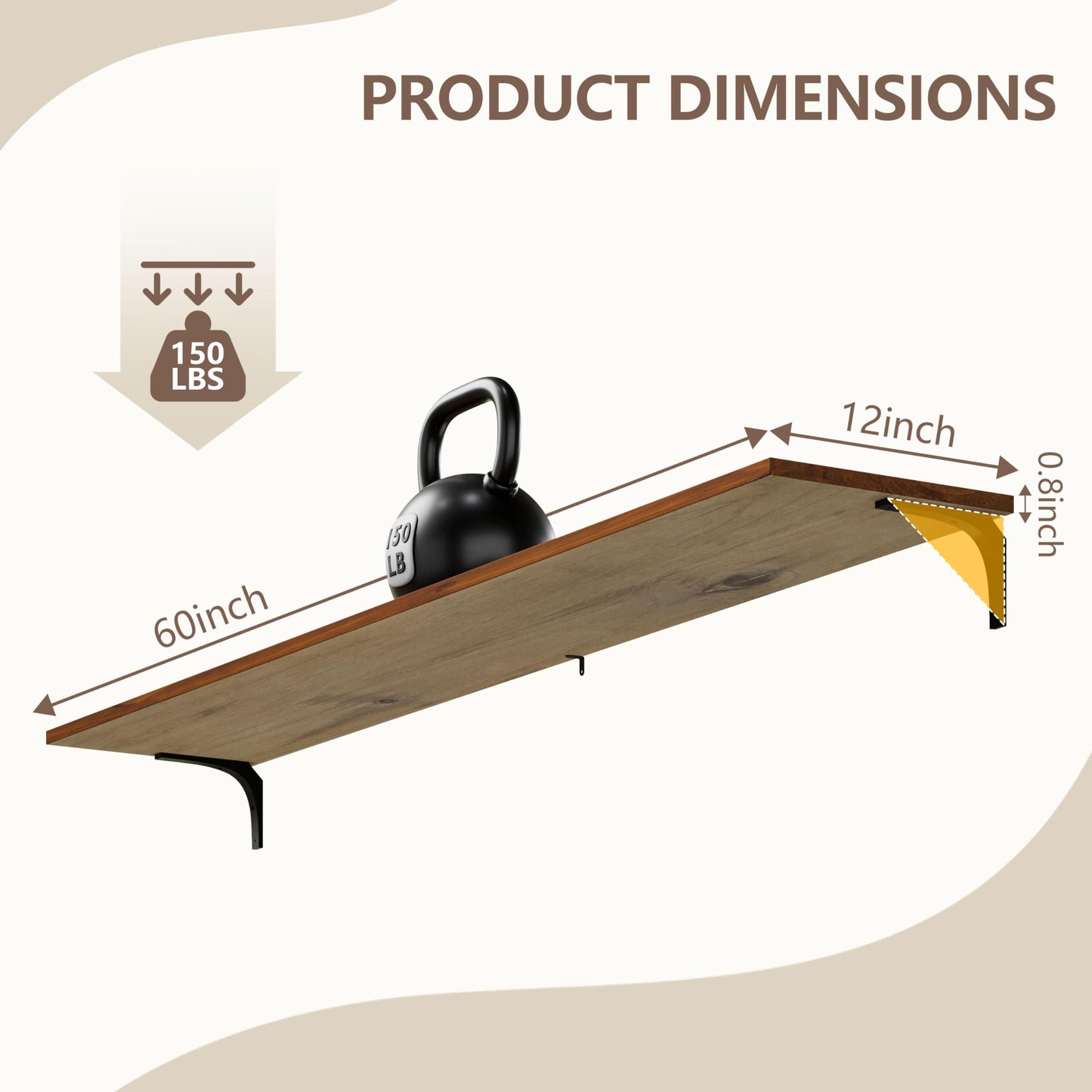TEDIDUWA 12 Inch Deep Floating Shelves Set of 2, 60 Inch Extra Wide Solid Wood Wall Shelves, 5ft Heavy Duty Wall Mounted Bookshelf with 100 lbs Capacity for Kitchen, Living Room & Bedroom
