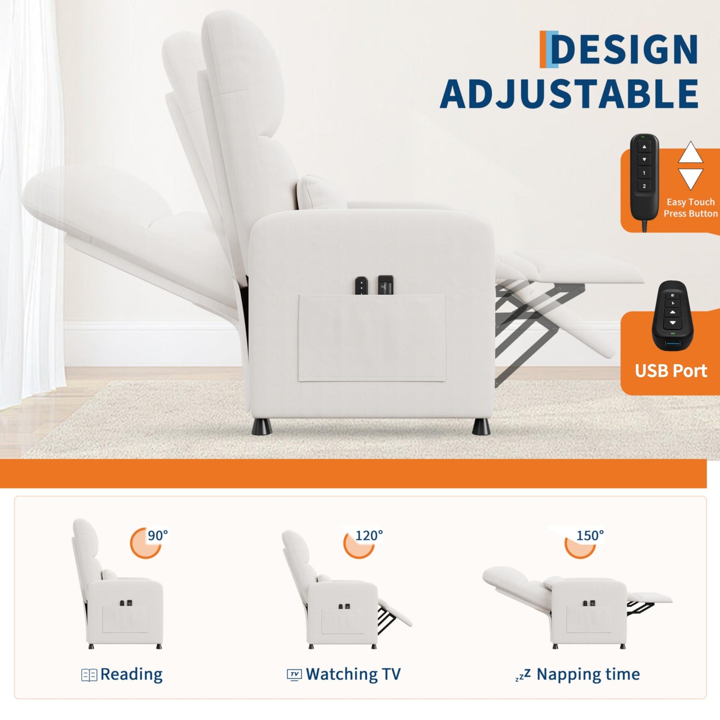 Garvee Power Recliner Chair, Adjustable Electric Recliner Ergonomic Overstuffed Single Sofa, Padded Seat, Side Pockets and USB Port, Home Theater Seating for Living Room