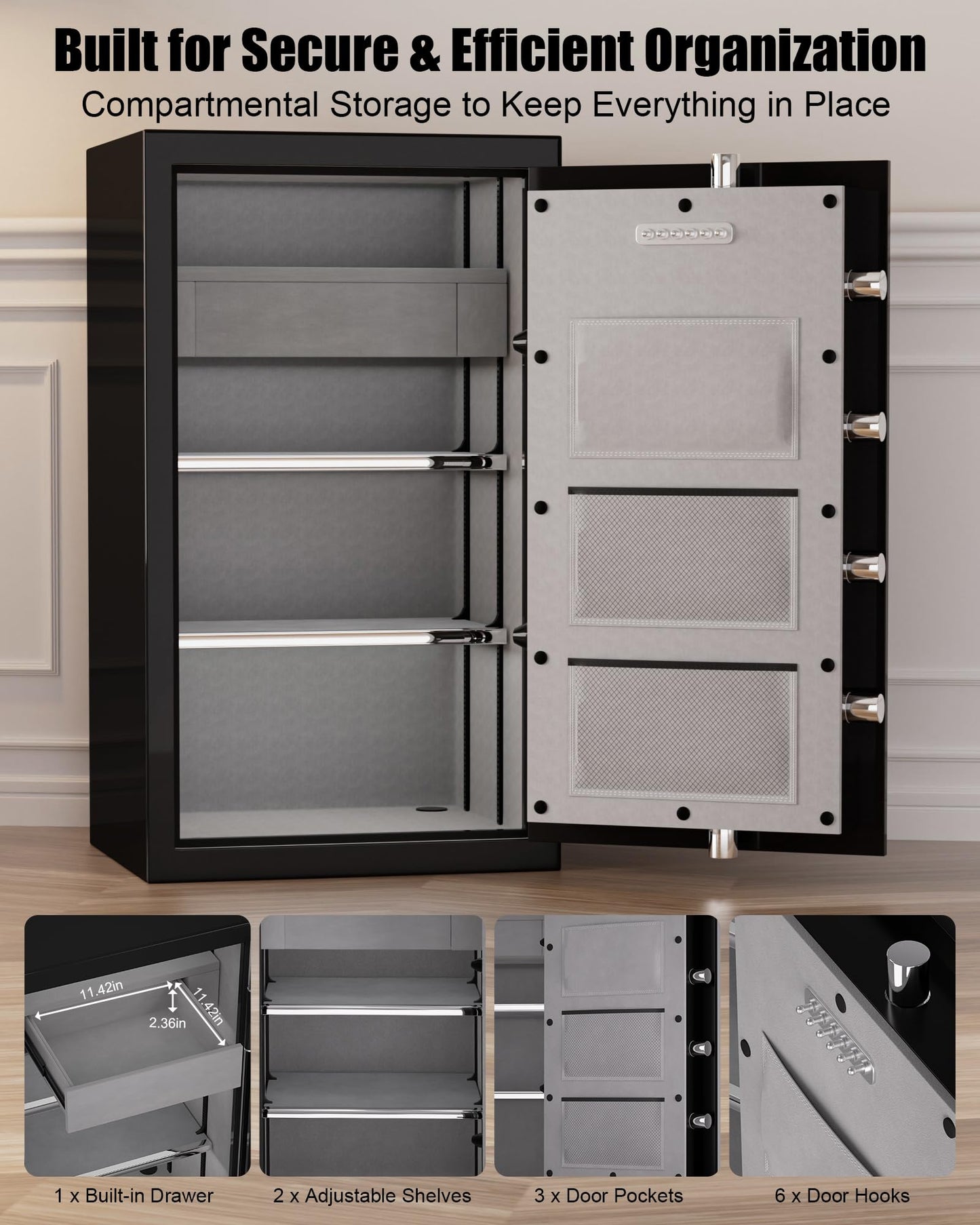 TIGERKING 8.78 Cu Ft Large Fireproof Safe for Home, Waterproof Floor Security Jewelry Safe with Digital Lock, Heavy Duty Steel Cabinet Safes with Drawer and Adjustable Shelves for Valuables