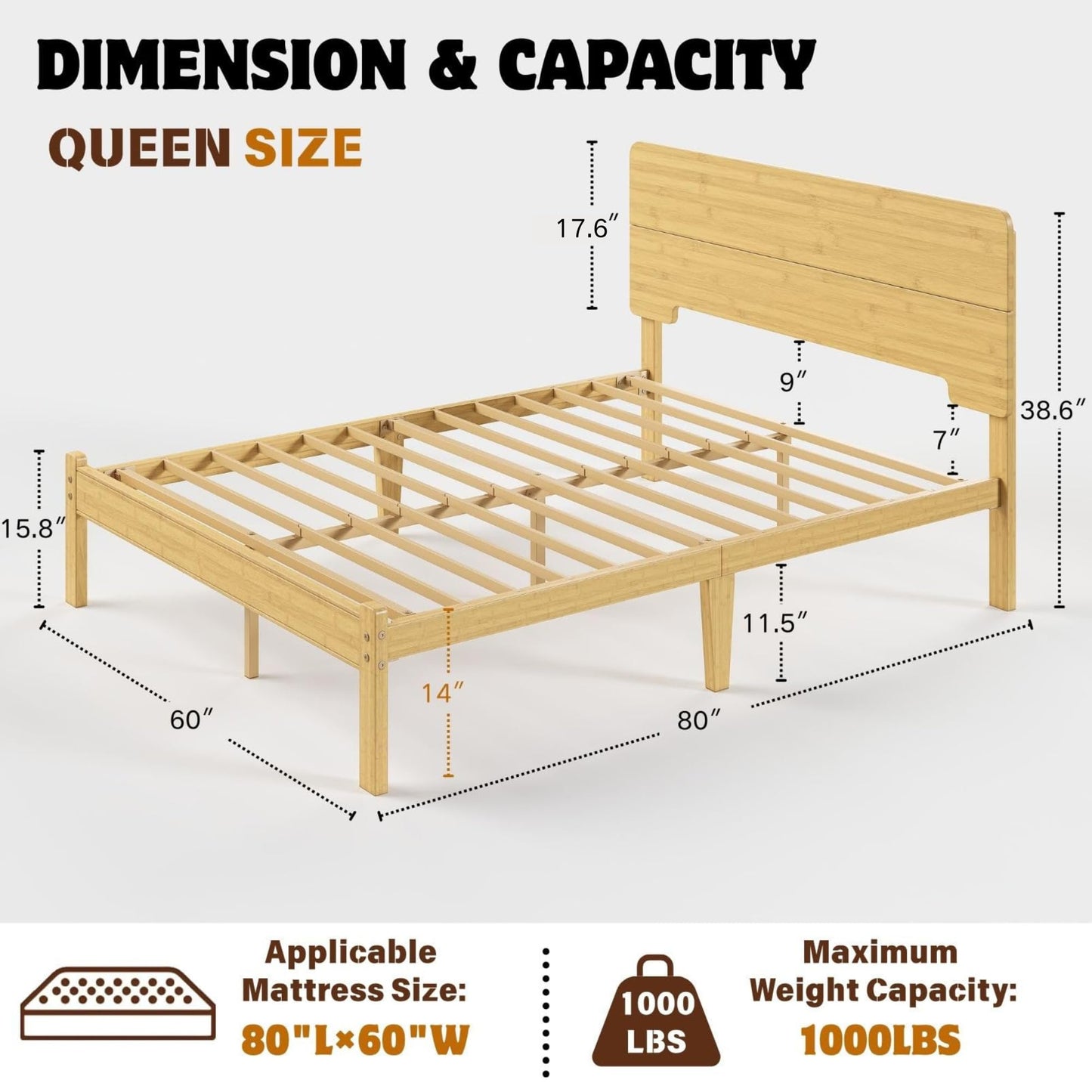 Goltriever 14 Inch Solid Bamboo Wood Queen Bed Frame with Headboard, Platform Bed Frame Queen Size with Metal Slats, No Box Spring Needed, Easy Assembly, Noise-Free, Natural