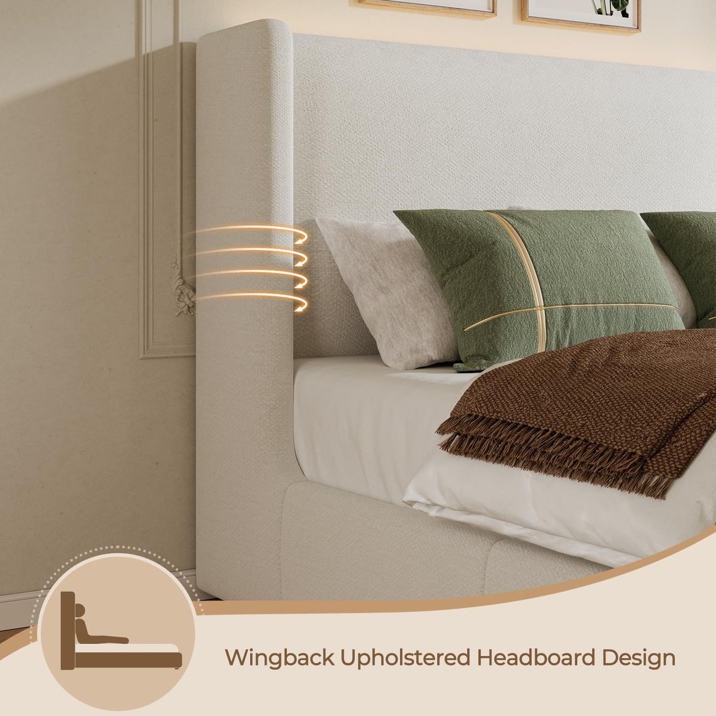 Hizyrina Queen Size Upholstered Bed Frame with 47" Wingback Headboard & LED Lights, Chenille Platform Bedframe with Wooden Slat Support, Non-Slip/Noise-Free/No Box Spring Needed/Easy Assembly, White