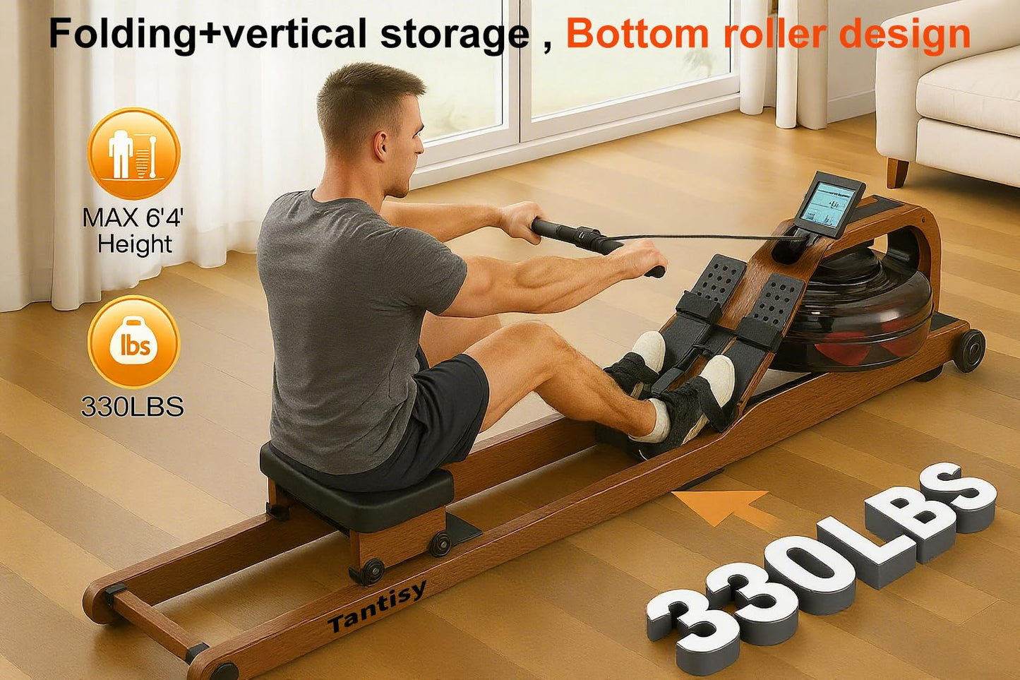 TANTISY Foldable Rowing Machines for Home with Adjustable Large Water Tank & Comfortable Seat for Real Experience Immersive Water Rower, APP Link,Water Resistance 330LBS Weight Capacity;