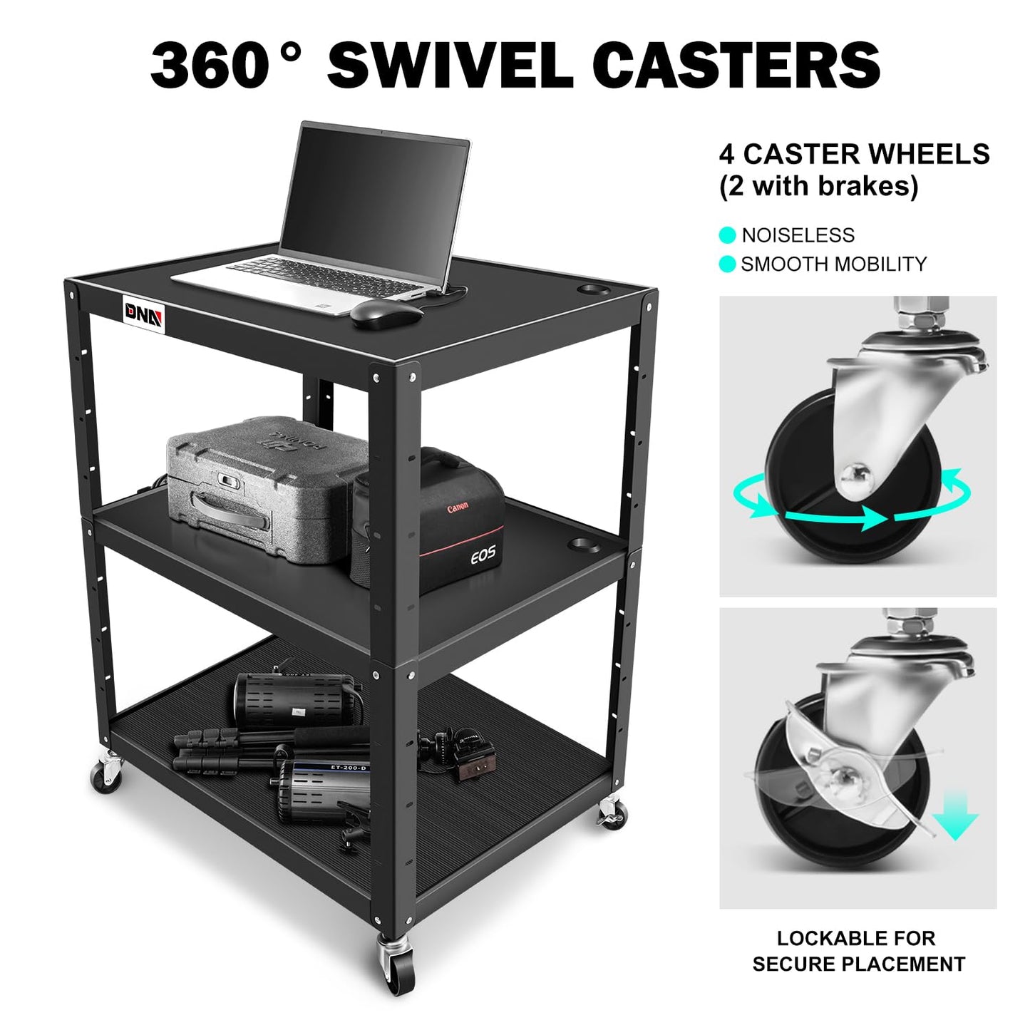 DNA Motoring 3-Layer Utility Steel AV Cart with Wheels Power Strip, 35" x 25" x 24"-42" Height Adjustable Rolling Projector Cart,TOOLS-00137