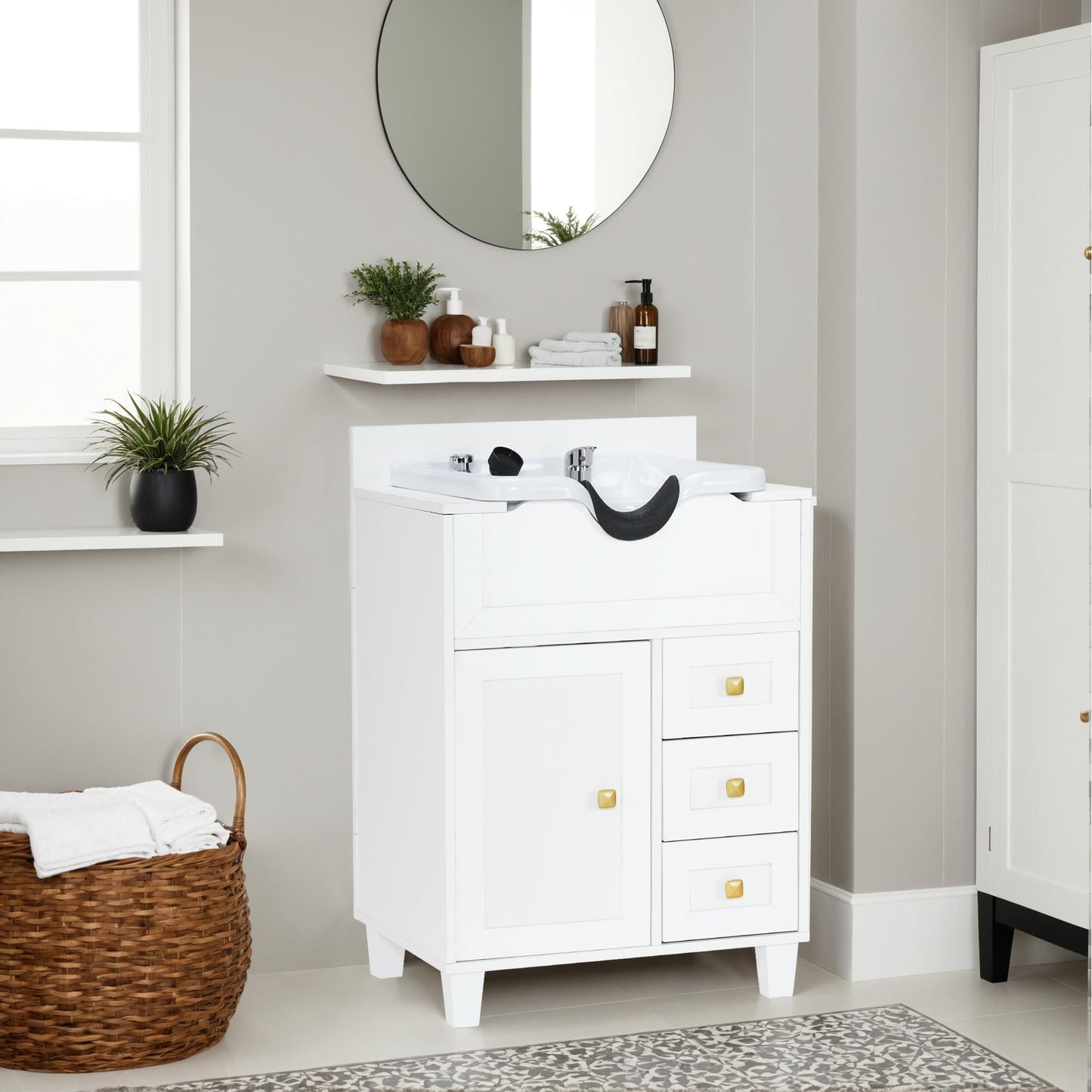BarberPub Barber Storage Shampoo Station, Spa Textured Embossed Cabinet with Shampoo Bowl & Drawers, Hair Salon Sink Backwash Equipment 7131 (All White)