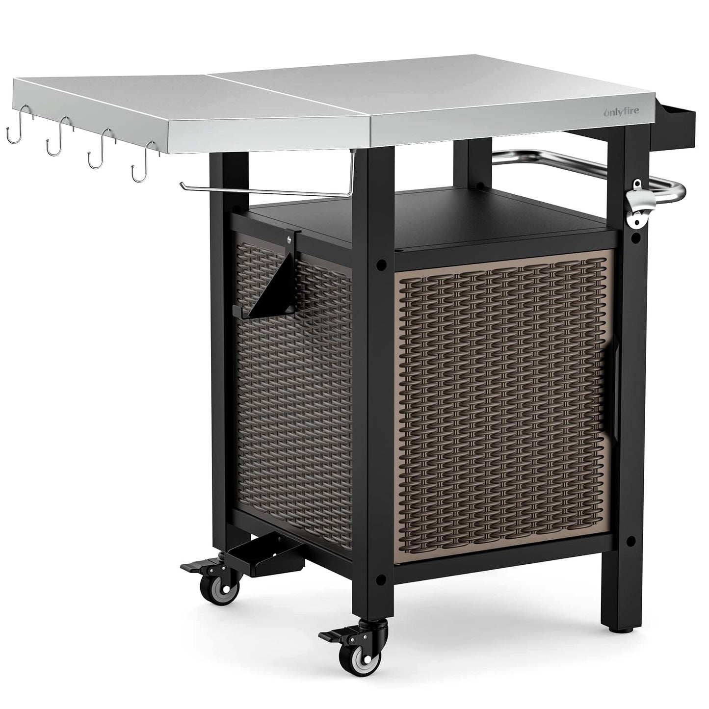 onlyfire 35 Inch Rolling Kitchen Island with XL Stainless Steel Top & Rattan Cabinet, Heavy-Duty BBQ Serving Cart for Indoor/Outdoor, Single Door Storage Worktable with Side Shelf & Wheels