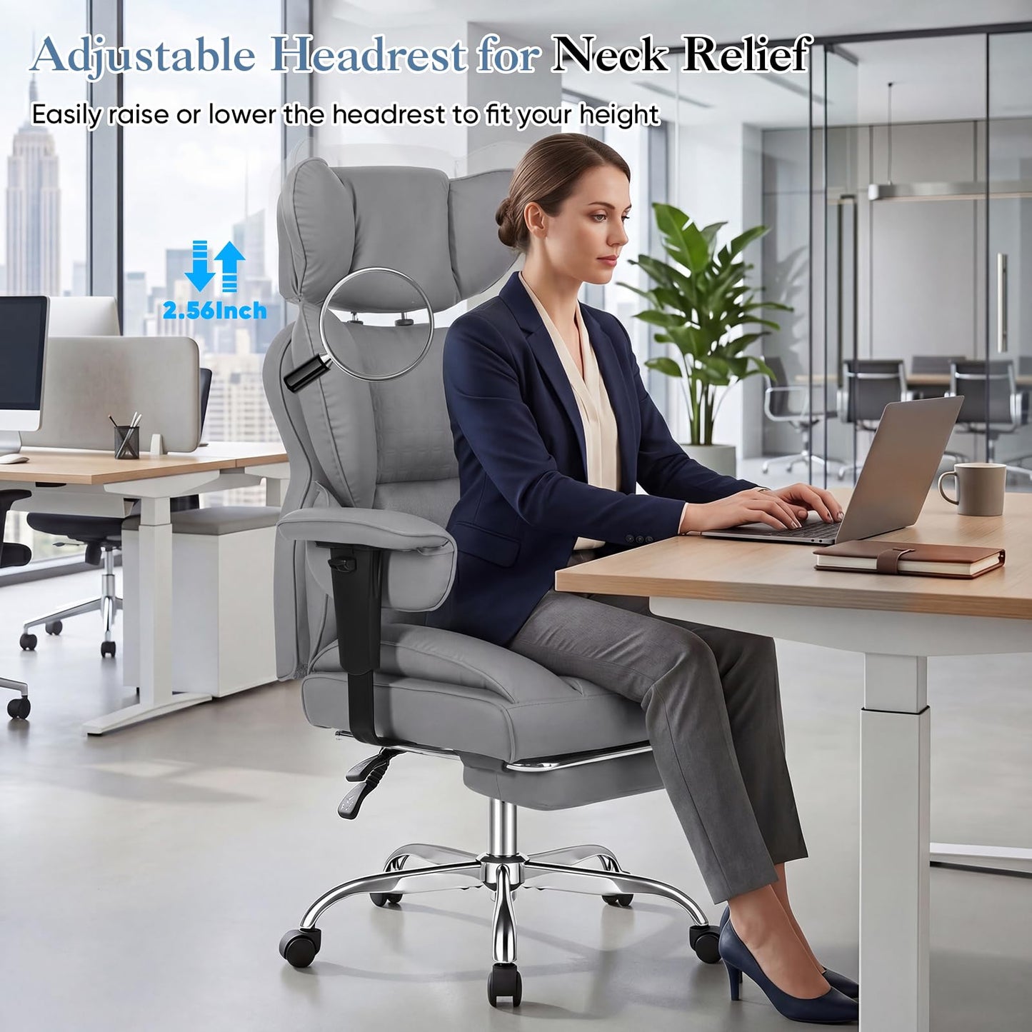 DUMOS Big and Tall Home Office Desk Chair, Gaming Computer Chair, Executive Ergonomic Chair with Footrest, High Back Reclining, Adjustable Armrests and Comfy Lumbar Support, PU Leather, Grey