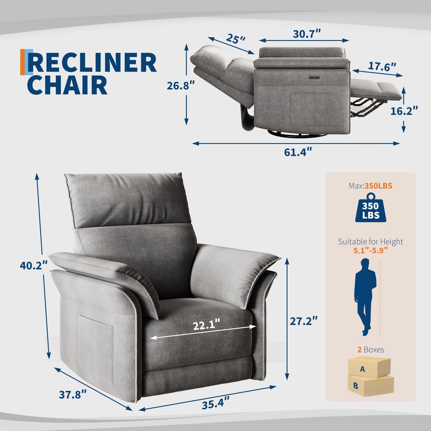 GAOMON Swivel Rocking Recliner Chair, Manual Leather Recliner Glider with Lumbar Support & Padded Armrest, Comfortable Rocker Nursery Single Sofa for Living Room and Bedroom (Light Gray)