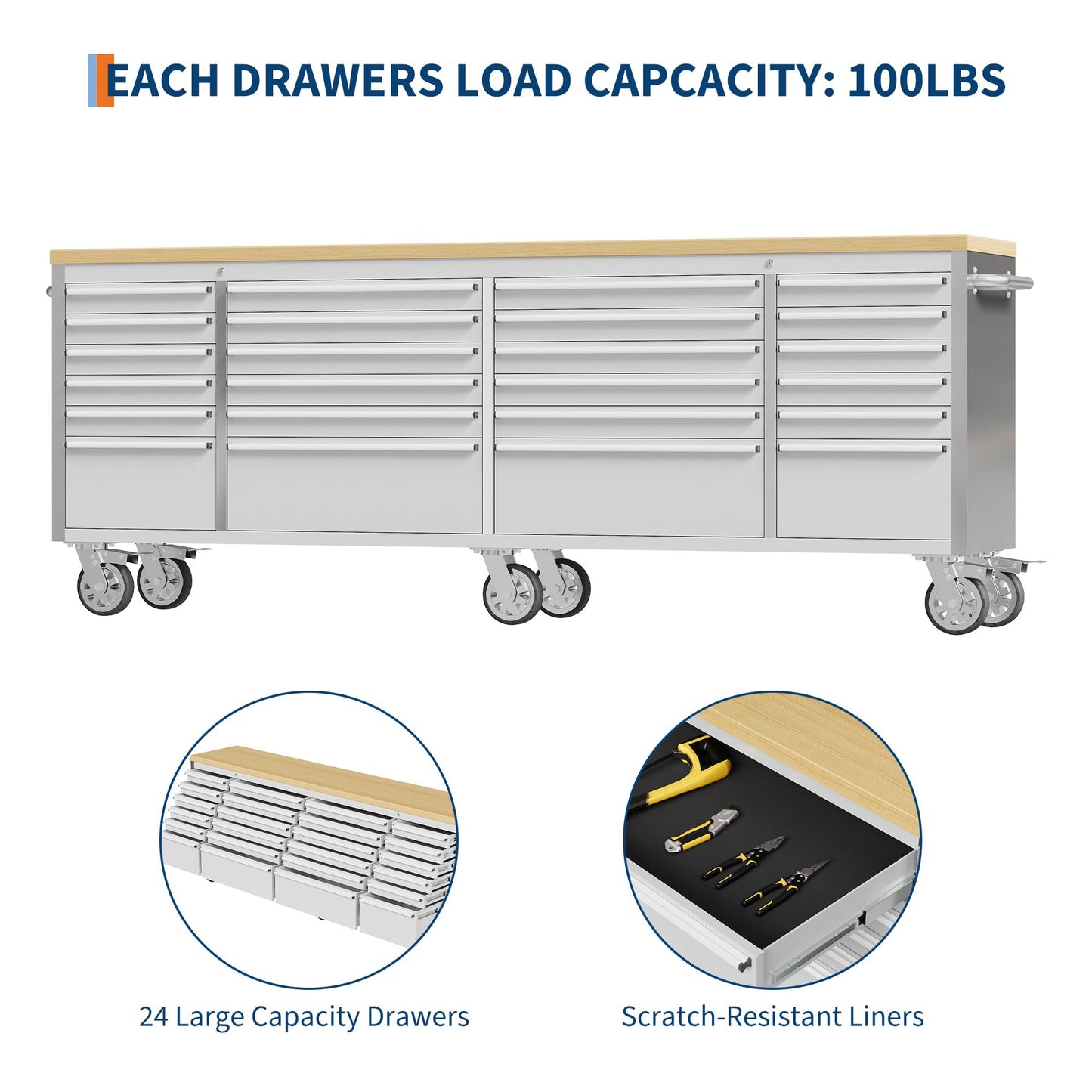 GarveeTech 96 inch Tool Chest, Tool Box Mobile 24 Drawers Storage Rolling Cabinet with Wheels Lock Key Locking System Drawer Liners for Garage Warehouse Repair Shop