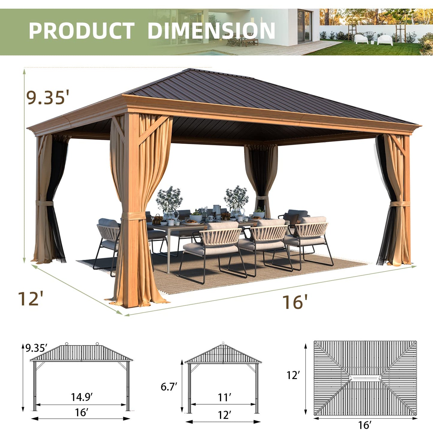 YOLENY 12' x 16' Hardtop Gazebo, Wood Looking Gazebo with Aluminum Frame and Single Galvanized Steel Roof, Outdoor Permanent Metal Pavilion with Curtains and Nettings for Deck, Backyard and Patio