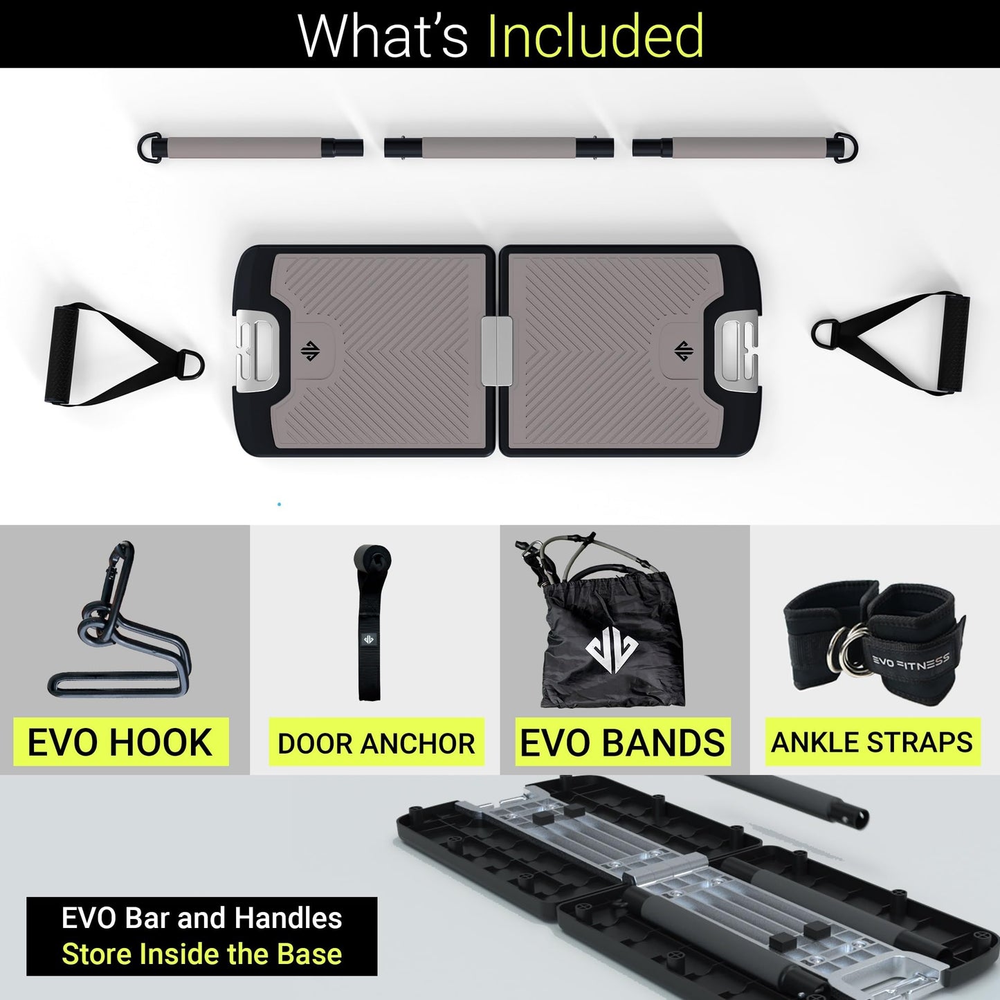 EVO Gym - Portable Home Gym Strength Training Equipment, At Home Gym | All in One Gym - 10 Resistance Bands, Base Holds Gym Bar & Handles for Travel | Portable Gym & Home Exercise Equipment | 320LBS