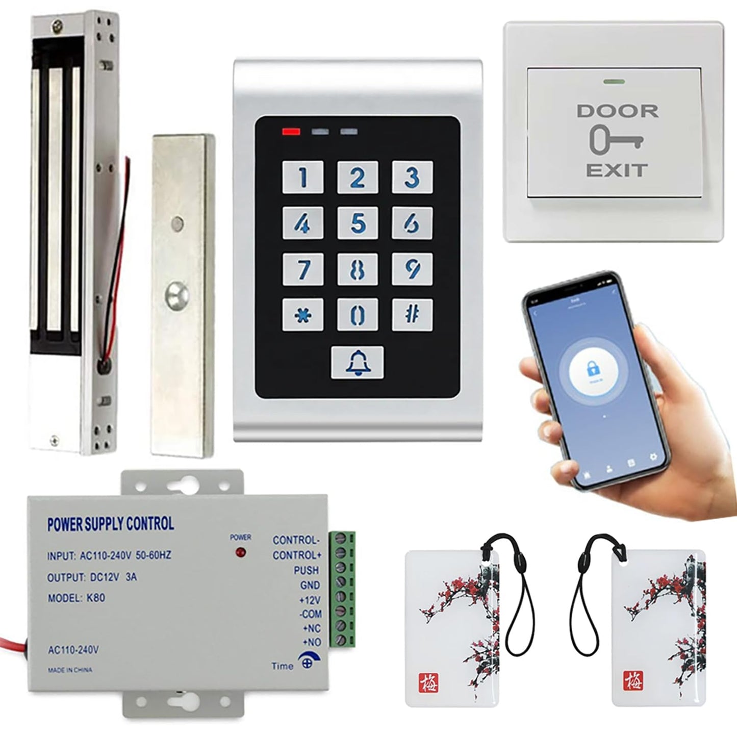 MENGQI-CONTROL Smart WiFi Metal Outdoor Keypad RFID Access Controller with Tuya Phone App Remote Control 600lbs Magnetic Lock Push Exit Button Commercial WiFi Access Control System