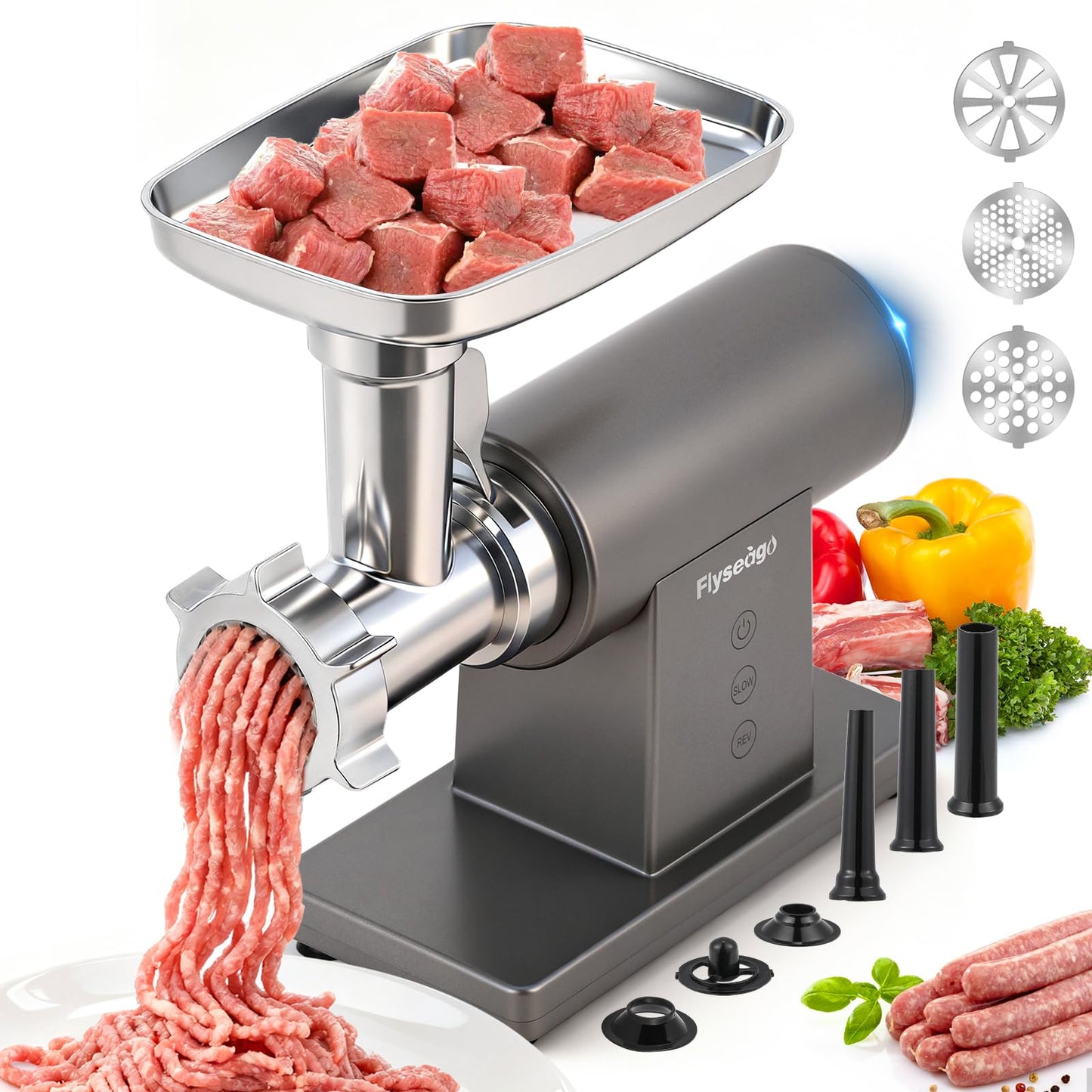 Flyseago Meat Grinder Electric 3200W Heavy Duty Meat Grinders Chopper Machine Touch Control Multifunctional with Cutting Blade 3 Grinding Plates 3 Sausage Stuffers Kubbe Kit for Household & Commercial