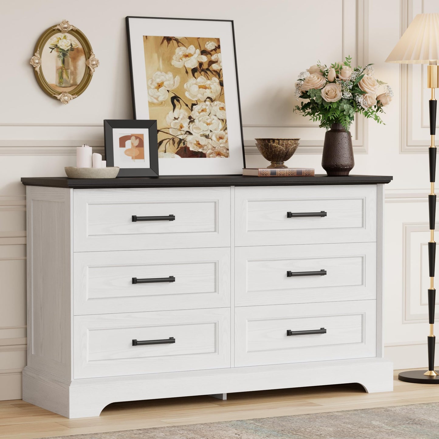 Furmax Farmhouse Dresser for Bedroom, 7 Drawers Dresser, Wood Chest of Drawers, 47.5" Wide Storage Dressers Organizer for Bedroom, Living Room, White and Black