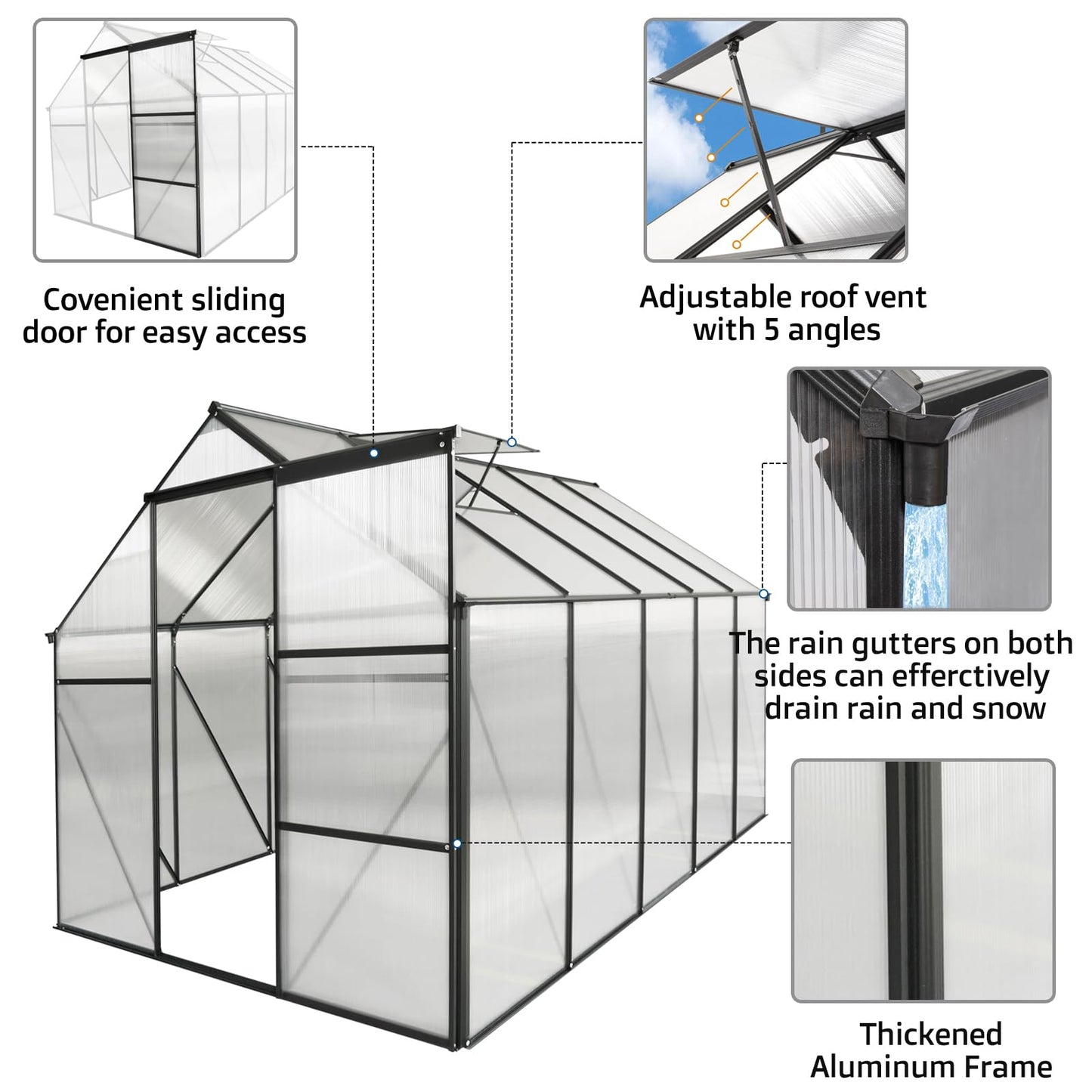 6x10 FT Polycarbonate Greenhouse, Heavy Duty Walk-in Garden Plants Green House, Adjustable Roof, Raised Base and Sliding Door for Outdoor Backyard, Black