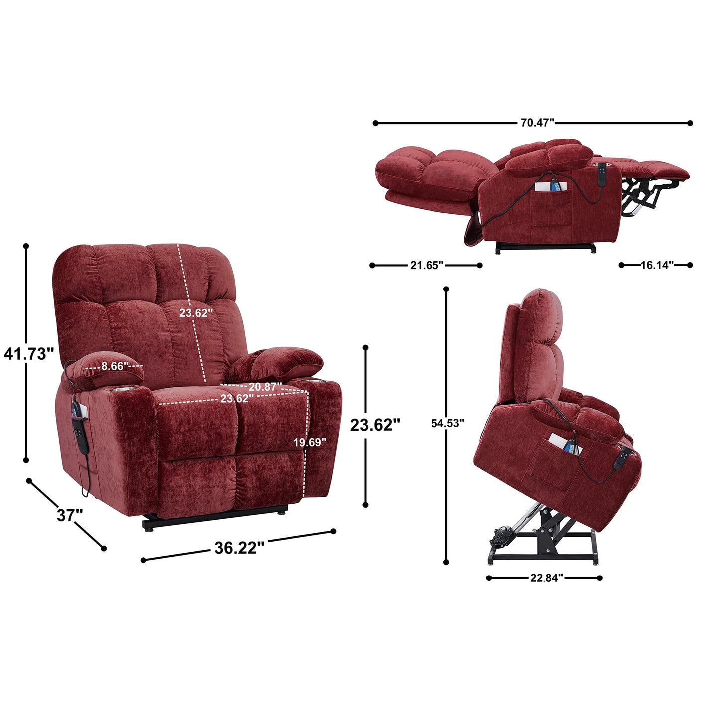 Lay Flat 180° Electric Power Lift Recliner Chair Sofa for Elderly with Massage & Heat, Infinite Position Adjustable Recliner & Chair w/2 Remote Controls,Side Pocket and Stainless Steel Cupholders