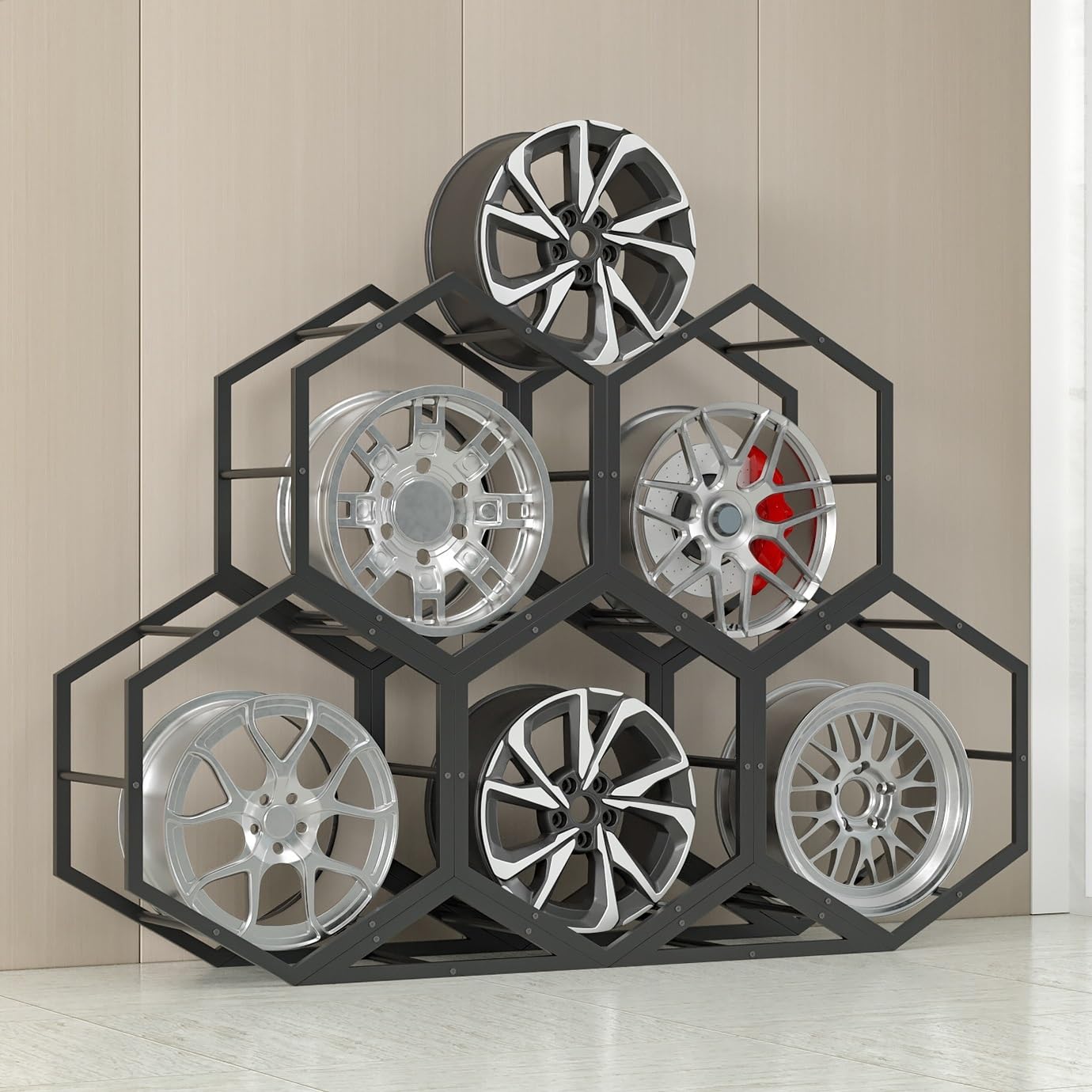 Aimery Rims Tire Rack for Garage, Hexagon Display Rack, Steel Spare Tyre Organizer, Wheel Organizer Holder(D)