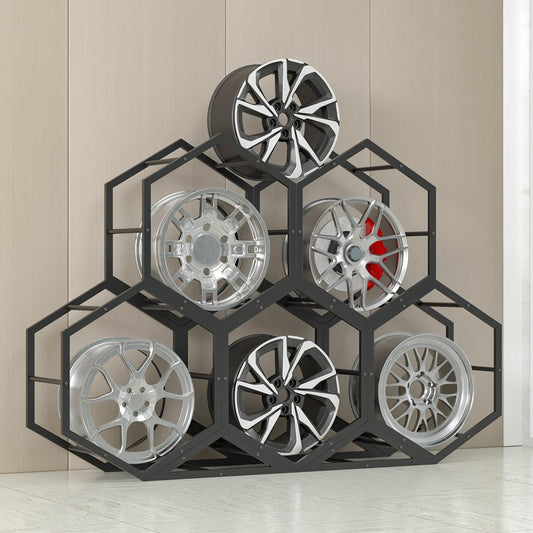 Aimery Rims Tire Rack for Garage, Hexagon Display Rack, Steel Spare Tyre Organizer, Wheel Organizer Holder(D)