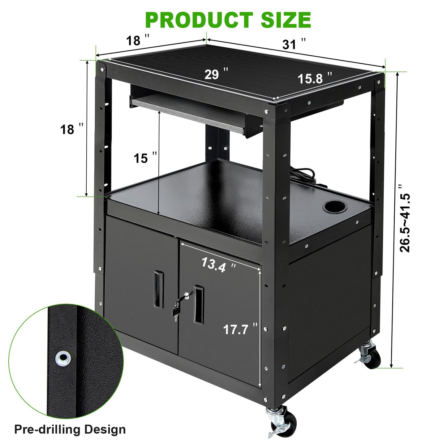 HONYTA AV Cart, Computer Steel Carts with Wheels and Power, Height Adjustable Rolling AV Carts with Locking Cabinet & Pullout Keyboard Tray, Projector Cart for School Office, 18”X 30.8”X 42”, Black