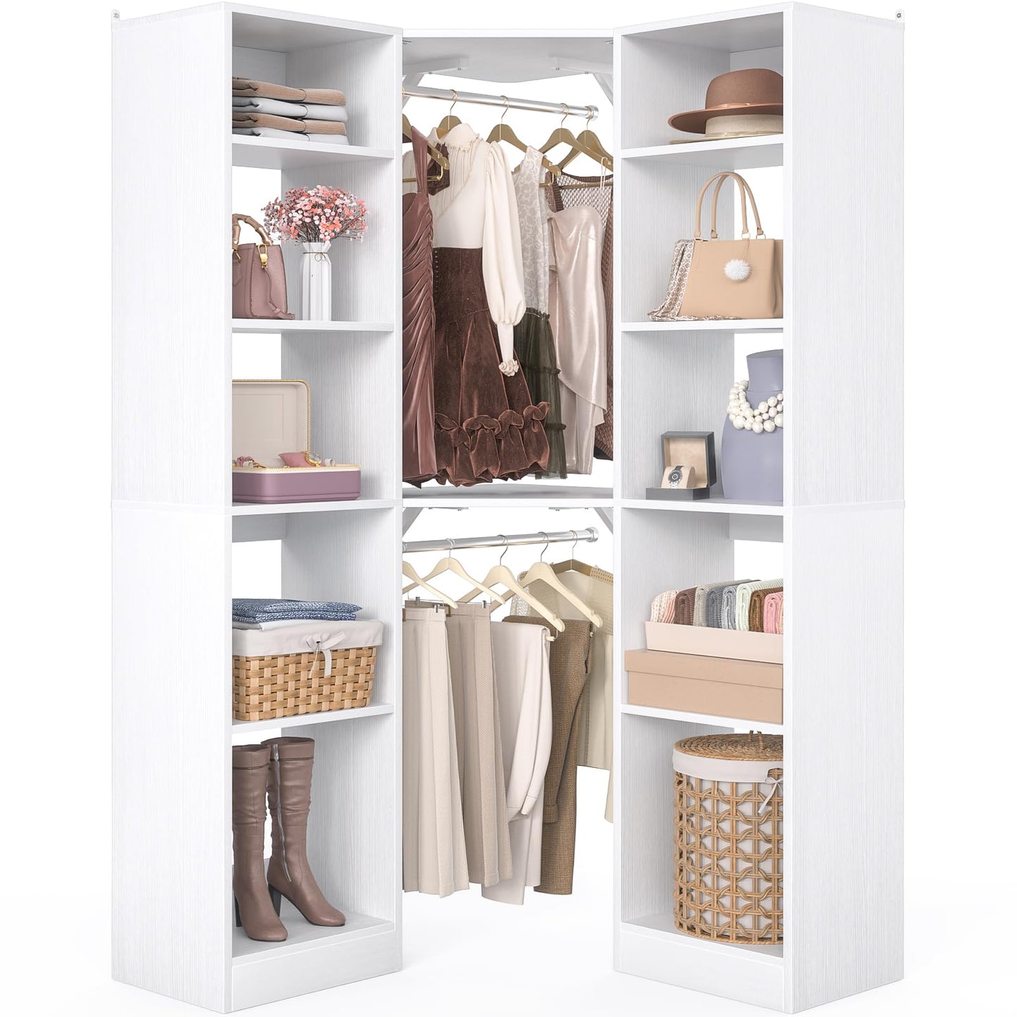 Besiost Corner Closet System with 12 Shelves, 39.2" Corner Closet Organizer System with 2 Hanging Rods, Versatile 6-Tier Walk-in Closets for Corner Space, White (39.2" L x 39.2" W x 80" H)