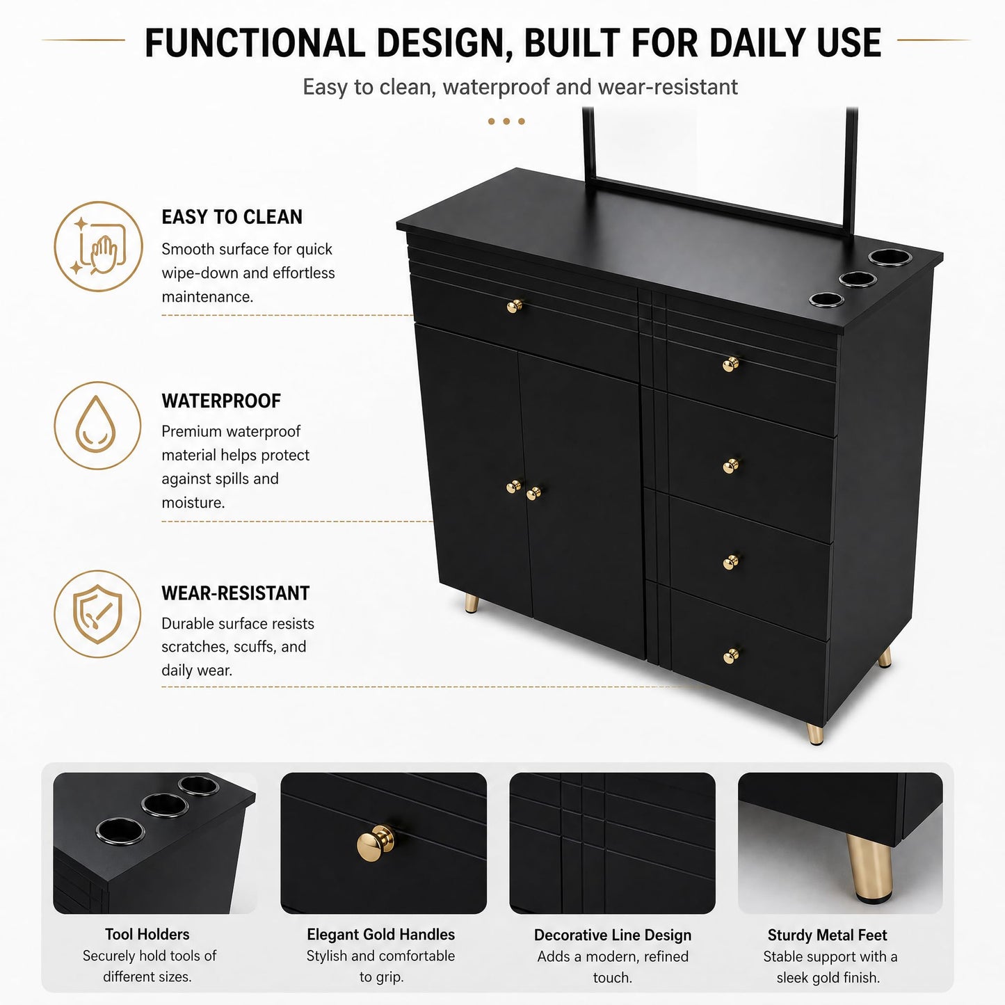 Merax Barber Salon Station with Metal Frame Mirror, Barber Cabinet Gold Legs & Handles, Multi-Zone Storage, 1 Storage Cabinet, 5 Drawers, Desktop Holes, Easy Assembly for Hair Salon, Black+Gold