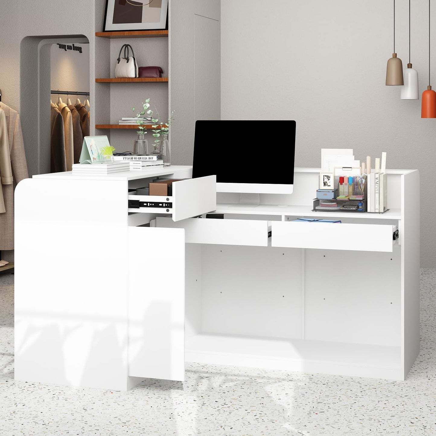 AIEGLE Reception Desk with Counter, 70.9" W Modern Retail Checkout Counter w/Drawers & Open Shelves, L-Shaped White Front Desk Reception Table with Storage Cabinet for Salon, Lobby, Office