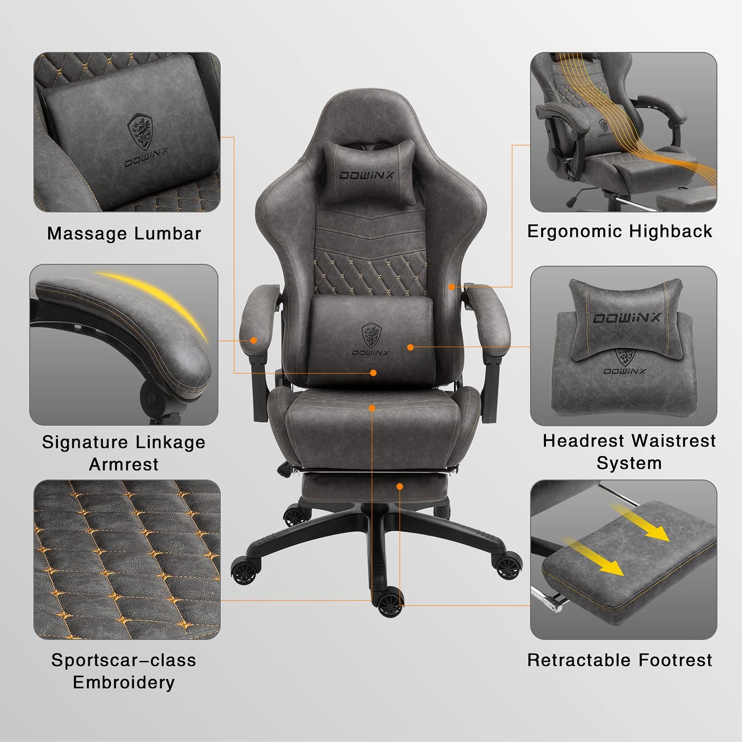 Dowinx Gaming Chair Big and Tall, Ergonomic Game Chair for Adults with Footrest and Massage Lumbar Support, High Back Computer Gamer Chair PU Leather, 350Lbs, for Office, Home, Grey