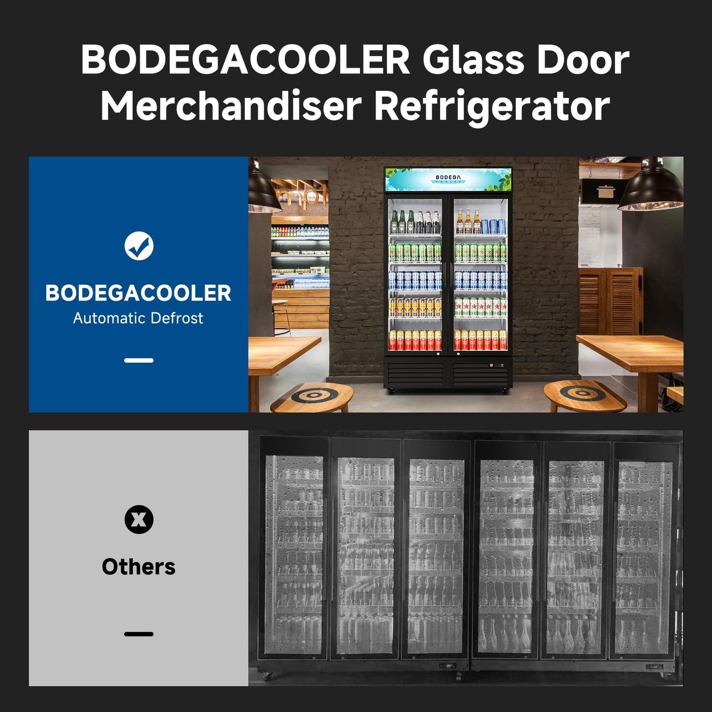 BODEGACOOLER 44.5"W 35.4 Cu. Ft Commercial Beverage Refrigerator, 2 Glass Door Merchandiser Cooler Display Refrigerator with LED Lighting, Adjustable Shelves, Temperature Control and Casters, Black