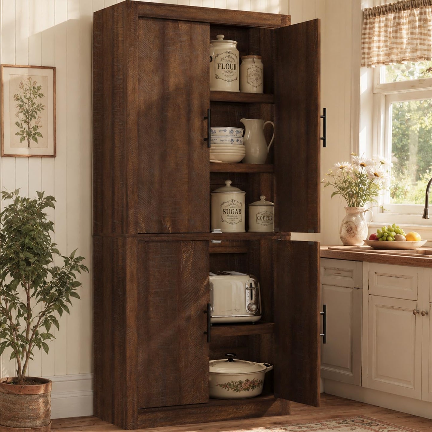 Garvee Tall Farmhouse Pantry Cabinet with Adjustable Shelves, 70.4" Kitchen Storage Cupboard with 4 Doors, Freestanding Microwave Stand and Food Organizer, Dining Area, Rustic Brown