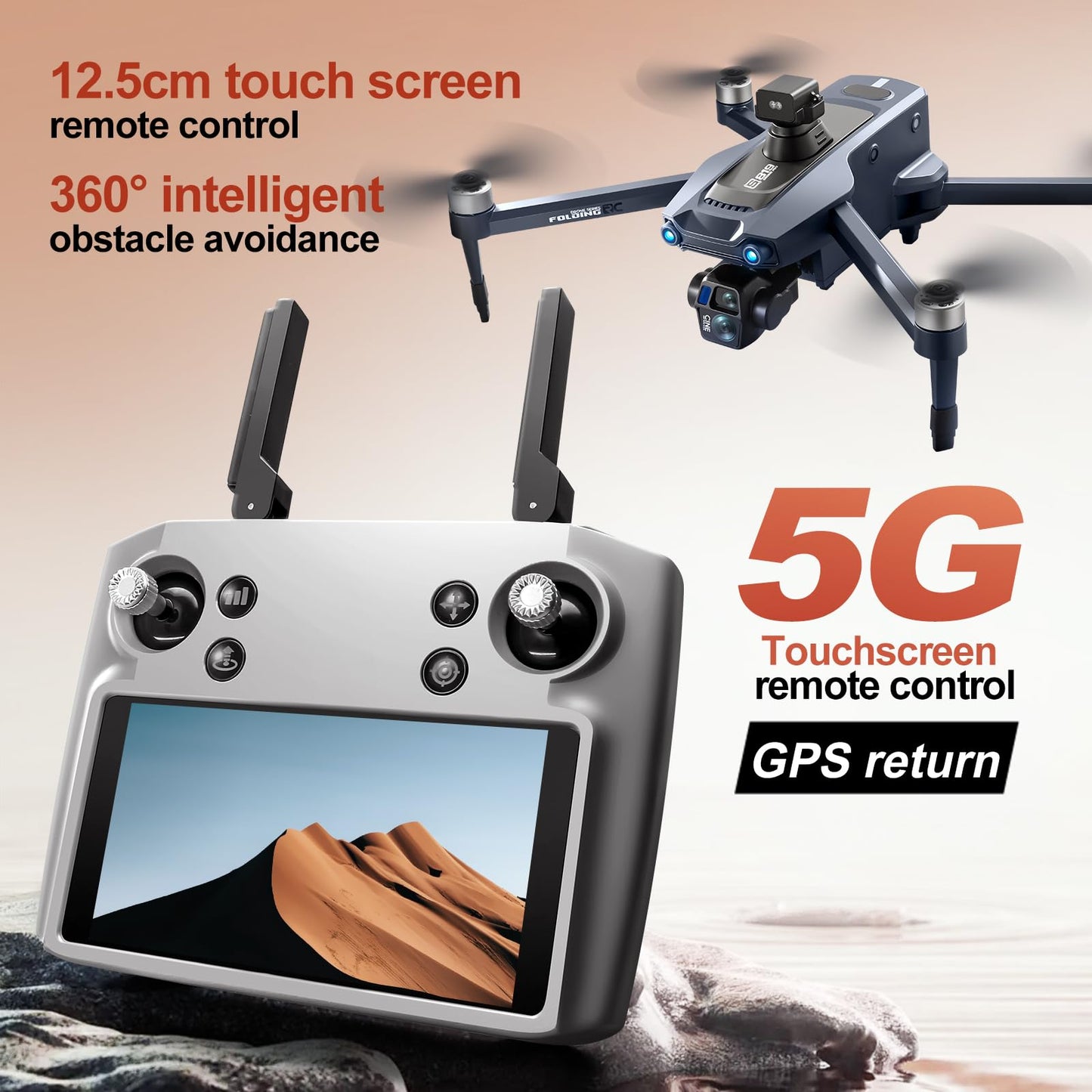 GPS Drone with One Key Airdrop (1 pound), 5G Technology, Brushless Motor, 360° Laser Obstacle Avoidance, 5 Inch Touch - Screen Display Remote Controller, 2.7K Real Pixels, 3 Axis Gimbal Camera, Auto Return (Go Home), One Key Follow (Follow me), Speed Adju