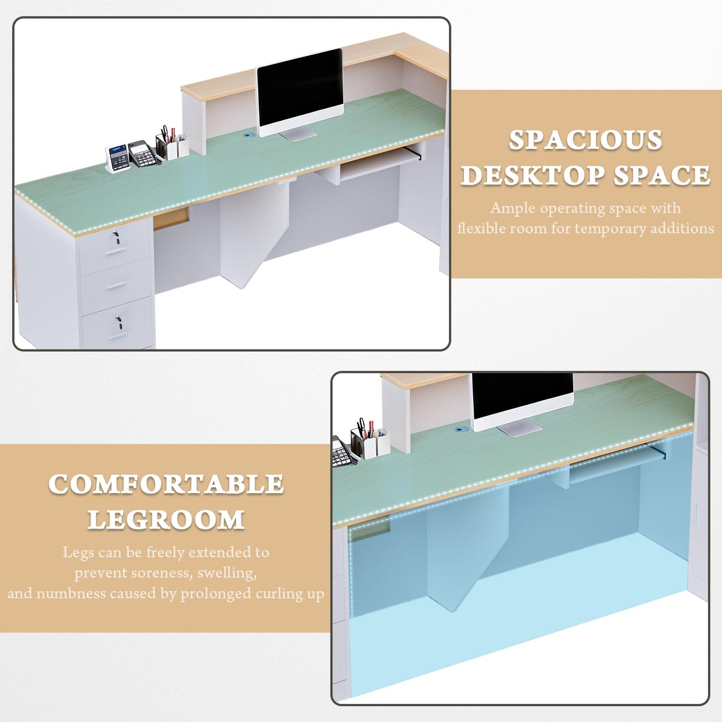 L-Shaped Large Wooden Reception Desk, Modern Front Desk Reception Counter with Lockable Drawers & Storage & Keyboard Tray, for Checkout, Lobby (Left-Natural wood/White, 71''L x 42''W x 41''H)