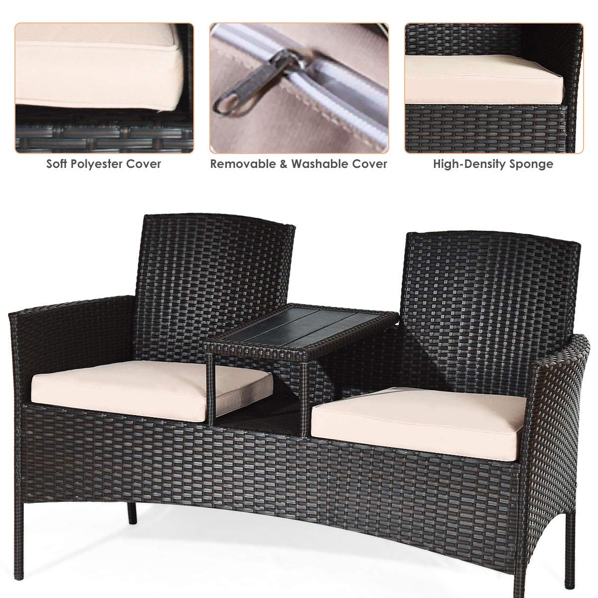COSTWAY 2-Seat Patio Conversation Sets, Outdoor Patio Loveseat Set with Removable Cushions & Built-in Coffee Table for Backyard, Garden, Lawn, Balcony, Brown+Beige