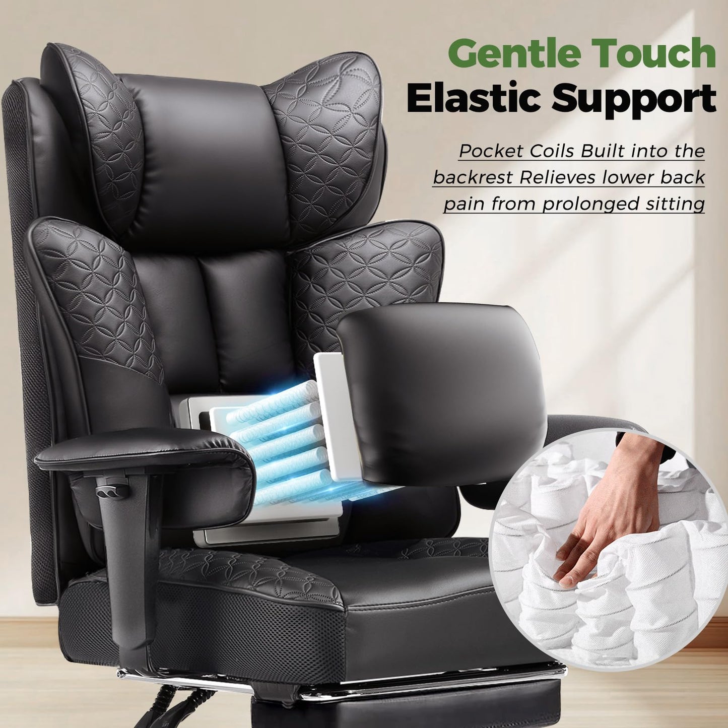 GTPLAYER Big and Tall Office Chair Wide Ergonomic Gaming Chair with Deluxe Embossing Designed Leather with Foot Rest,150°Reclining Adjustable Soft Armrests Pocket Spring Back Support and Pillow