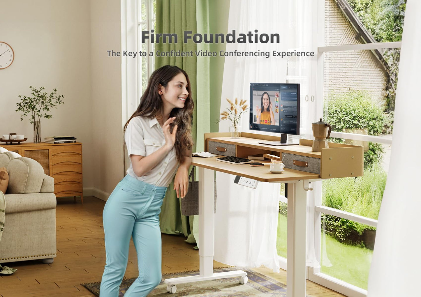YDN Standing Desk with Drawers, 48 Inch Standing Desk Adjustable Height, Adjustable Electric Stand Up with Storage and Shelf, Natural