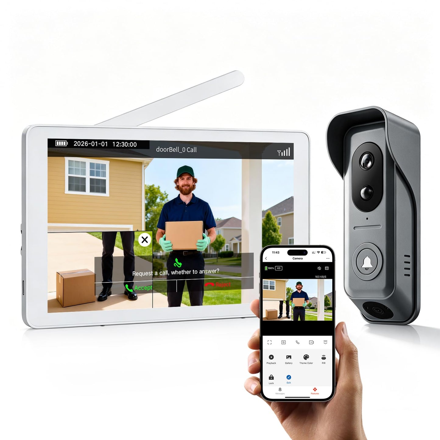 ACEBELL WiFi Dual Cameras Video Doorbell with Monitor, Wireless Video Intercom System with 8-inch Touchscreen, PIR Motion Detection, Local Storage, NO Subscription, Tuya APP Remote Control