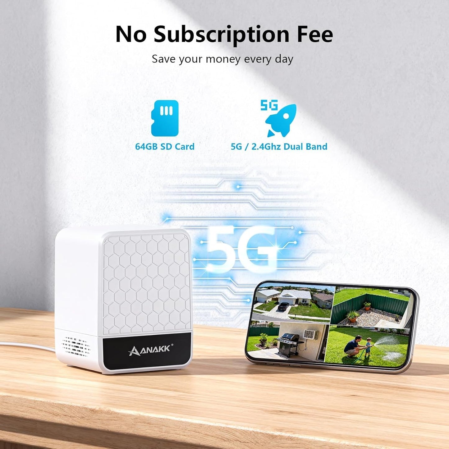 Anakk 4MP Solar Security Cameras Wireless Outdoor, 355° Pan Tilt Motion Detection,Color Night Vision, 5GHz/2.4GHz WiFi, IP65, 2-Cam Kit with 64GB Local Storage, No Monthly Fee Camera for Home Security