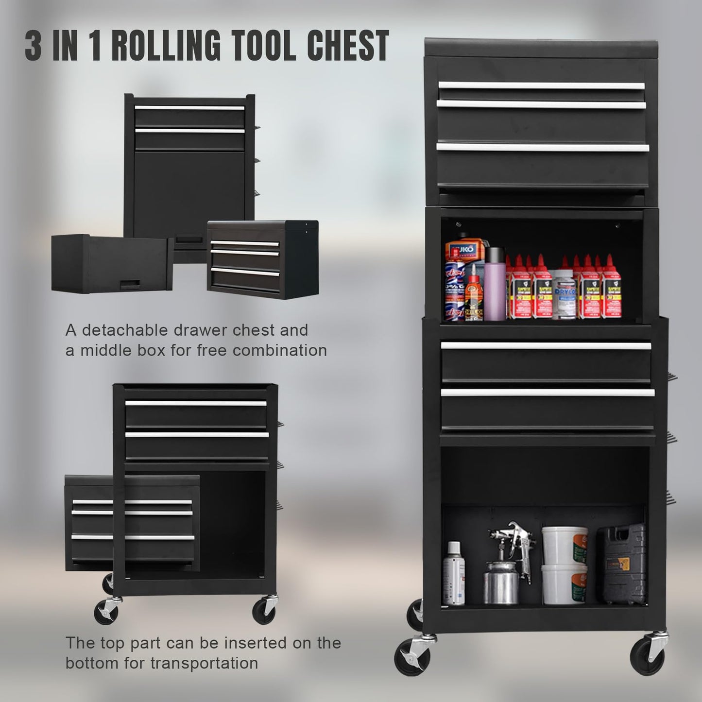 Torin ATB225XBB Rolling Tool Chest for Home & Garage Workshop: 3-in-1 Tool Box Organizer with Lockable Wheels, Sliding Drawers and Detachable Top, Black