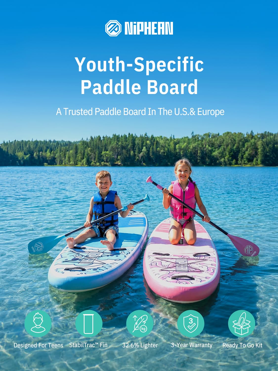 Niphean（Ultra-Light）Inflatable Paddle Board with StabilTrac Fin and Durable SUP Accessories, 10' Stand Up Paddle Boards for Adults & Youth, Versatile Yoga Paddle Board, Gift Ideas-Blush Unicorn - Kids