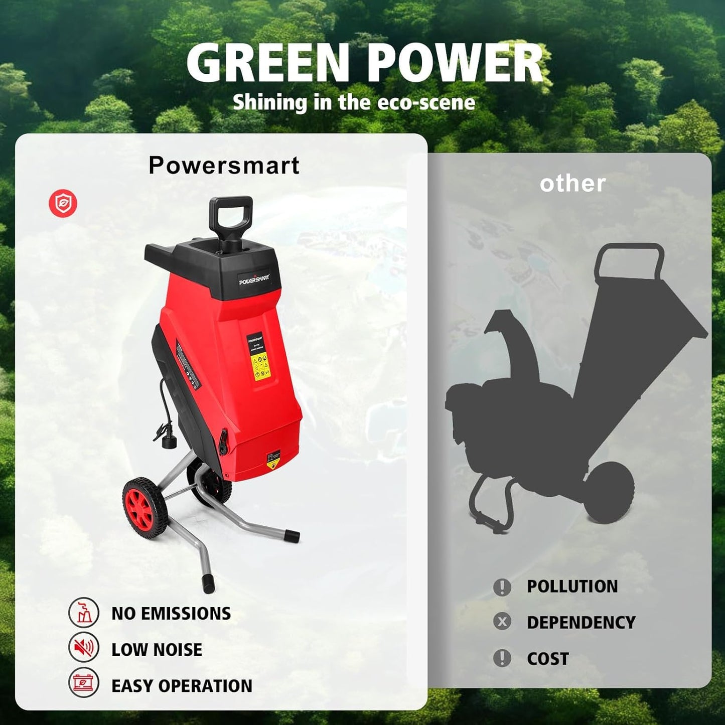 PowerSmart 120V 15A Corded Electric Wood Chipper, Shredders with 45mm Branch Capacity, Collection Bag for Garden
