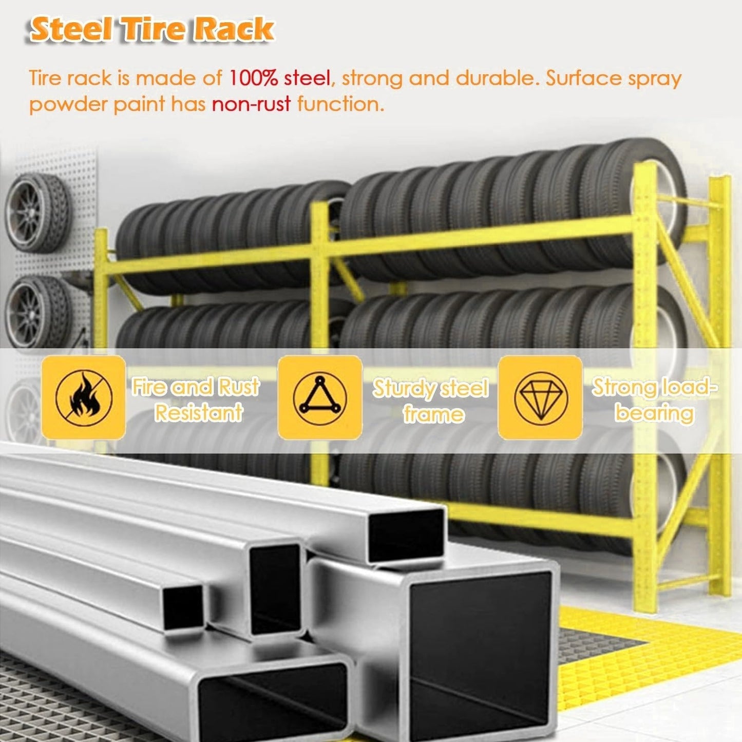 AOCDNEK Heavy Duty Tire Storage Rack, Steel, 1100lb,Load Capacity, Height Adjustable,for Auto Repair Shops Garages(Yellow,59x19.6x78.7in)