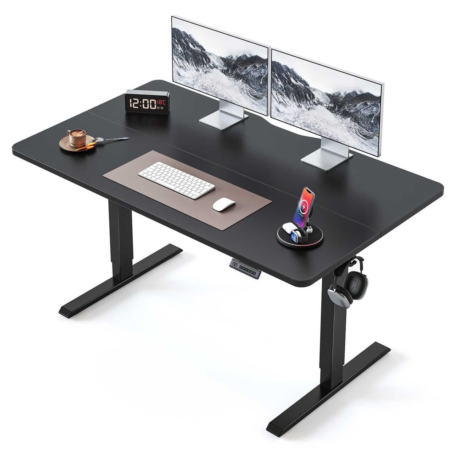 BANTI 55 × 28 Inches Standing Desk, Ergonomic, Electric Height Adjustable, Sit and Stand Up, Computer Desk with a Deeper Desktop, Black Frame/Black Top