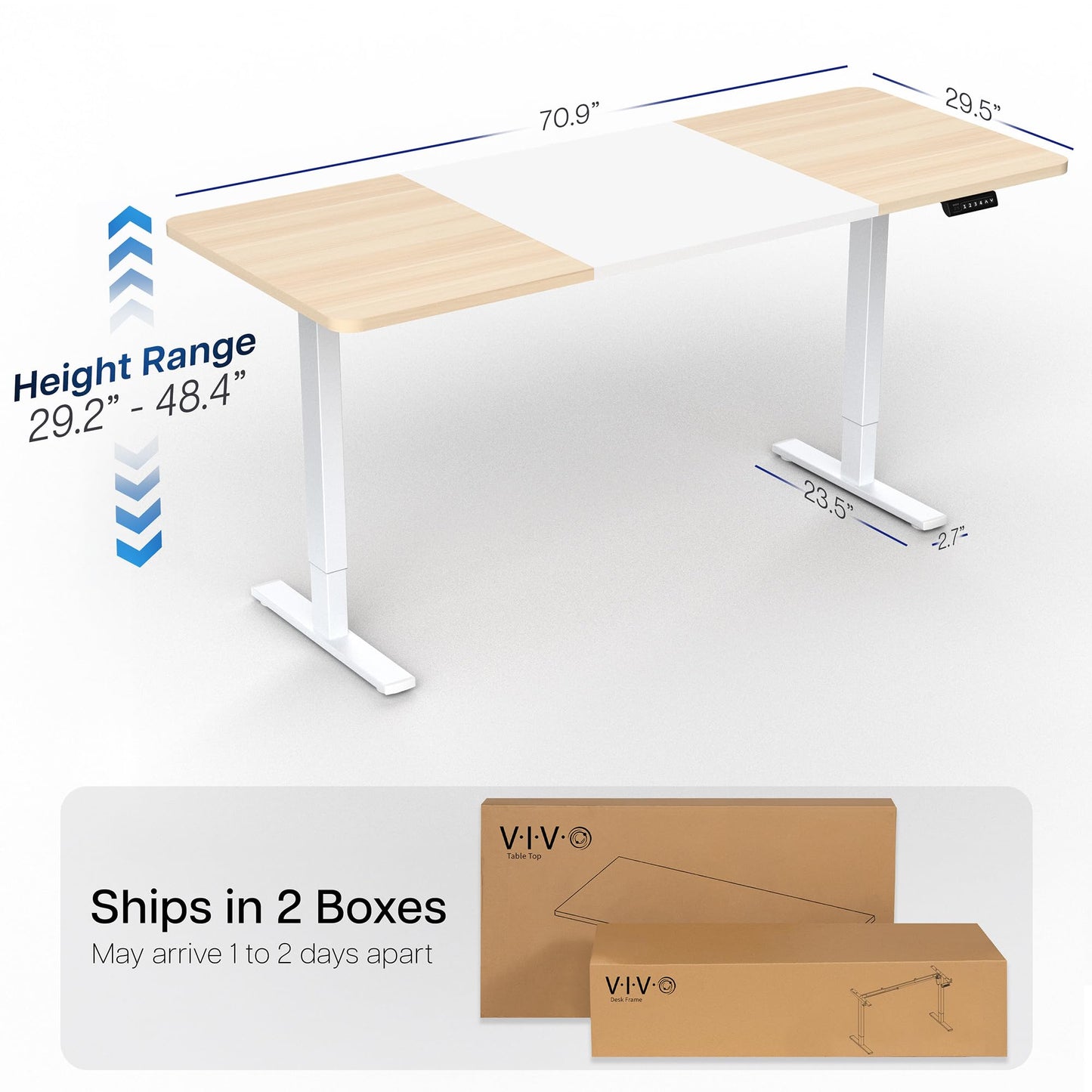 VIVO Electric 71 x 30 in Standing Desk, Memory Height Adjustment, 1B Series, Holds 220 lbs, White and Light Wood Top, White Frame, DESK-KIT-1W7WC