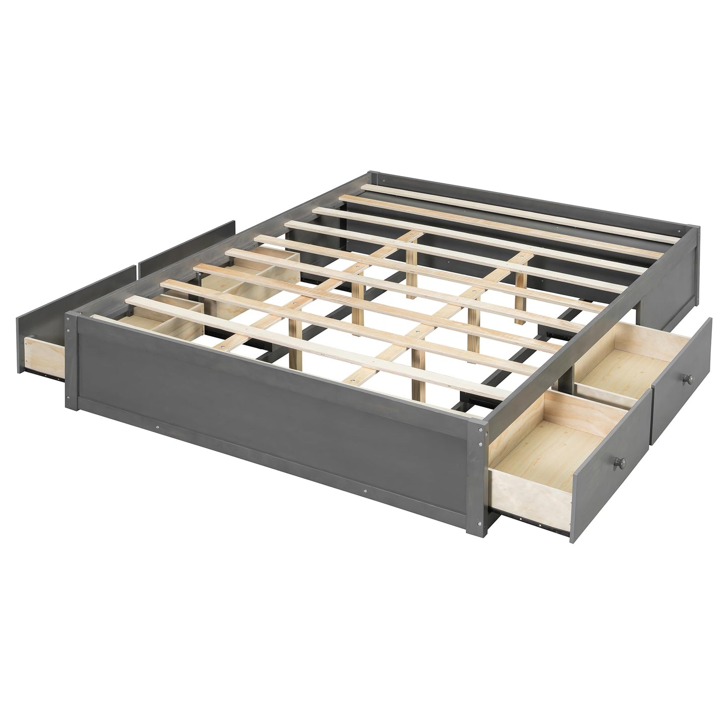 Merax Queen Size Wood Platform Bed with 4 Underbed Drawers and Hydraulic Lift Footboard Storage, Modern Bed Frame with Solid Wooden Slat Support for Bedroom, No Box Spring Needed, Easy Assembly, Gray