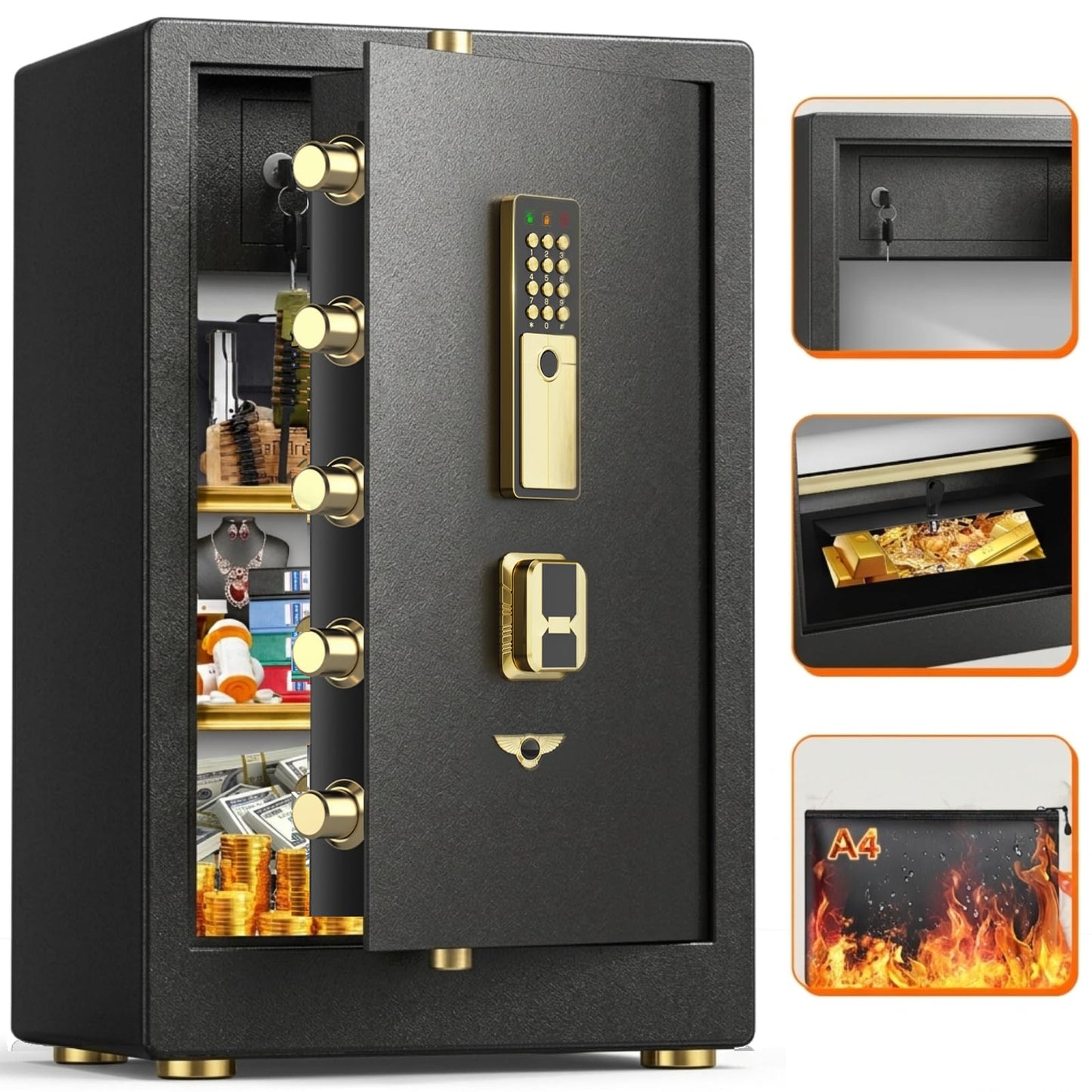 83LBS Fireproof Safe Box with Hidden Lock Box, 31.5''H Large Document Safe with Fireproof Waterproof Bag, Anti-Theft Dual Alarm, Digital Security Safe for Home Business, Wider Deeper Design