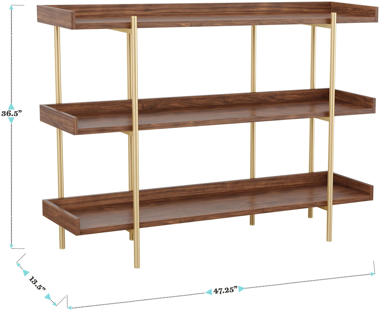 Martha Stewart Emmett 3 Shelf Bookcase with Vertical Metal Frame, Home Office Storage Display Unit, 35" H, Walnut Wood Grain/Polished Brass